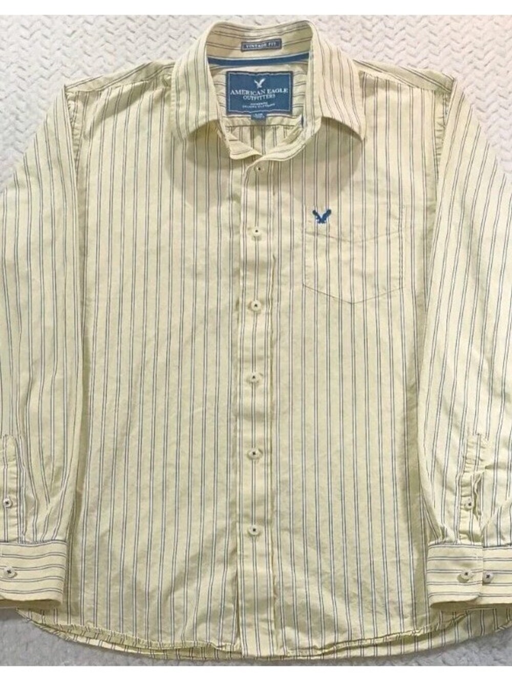 American Eagle - Sz L - Outfitters Yellow Button Up Shirt Blue White Stripe VTG